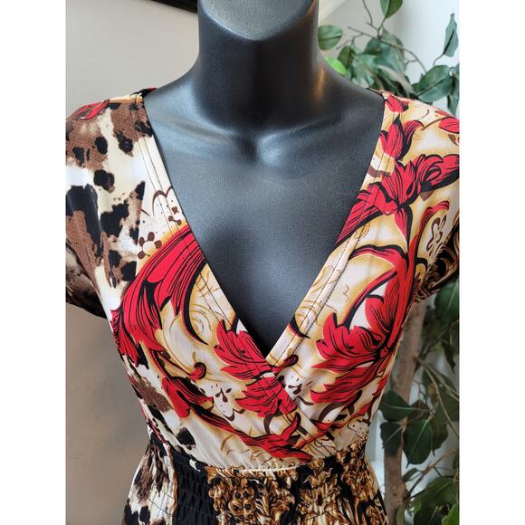 Cristinalove Dress Womens Large Brown Red Floral Print V Neck Short Sleeve - Picture 6 of 12
